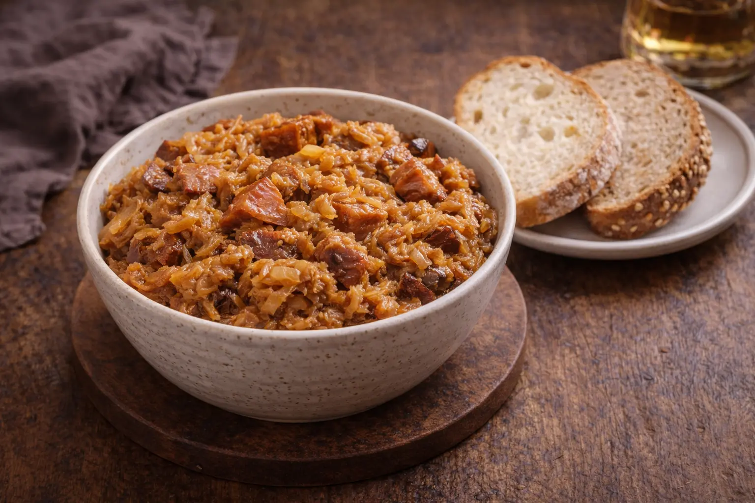Bigos z pieczywem w Restauracji Krakoski na Kazimierzu w Krakowie.